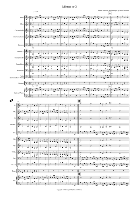 Minuet In G By Bach For School Concert Band Sheet Music