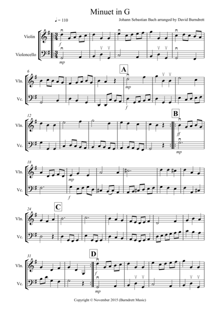 Minuet In G By Bach For Violin And Cello Duet Sheet Music