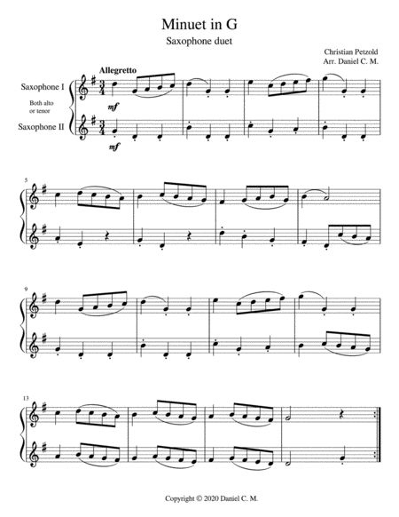 Minuet In G For Saxophone Duet Sheet Music