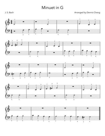 Free Sheet Music Minuet In G Js Bach 4 Beginner Piano Versions With Letters And With Finger Numbers