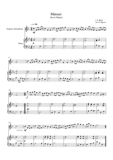 Free Sheet Music Minuet In G Major Johann Sebastian Bach For Soprano Saxophone Piano