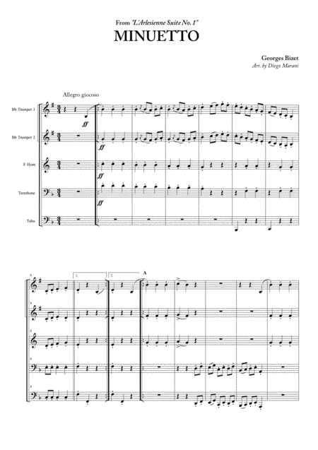 Free Sheet Music Minuetto From L Arlesienne Suite No 1 For Brass Quintet