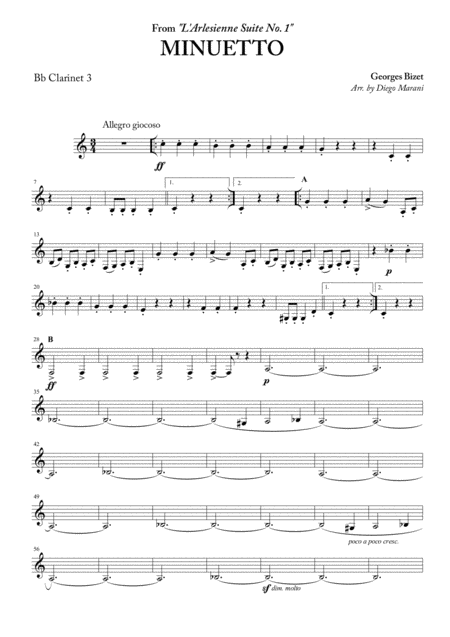 Free Sheet Music Minuetto From L Arlesienne Suite No 1 For Clarinet Quartet