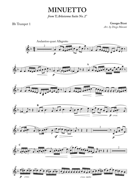Free Sheet Music Minuetto From L Arlesienne Suite No 2 For Brass Quintet
