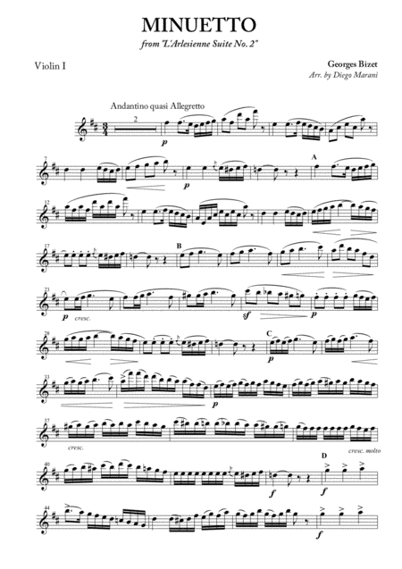 Free Sheet Music Minuetto From L Arlesienne Suite No 2 For String Quartet