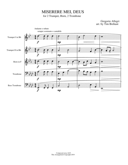 Miserere Mei Deus Gregorio Allegri Brass Quintet Sheet Music