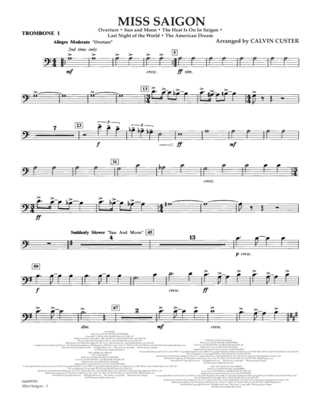 Miss Saigon Arr Calvin Custer Trombone 1 Sheet Music