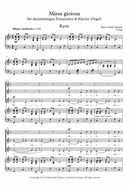 Missa Gioiosa For 3 Prt Female Choir Piano Or Organ Bass Drums Keyboard Ad Lib Sheet Music