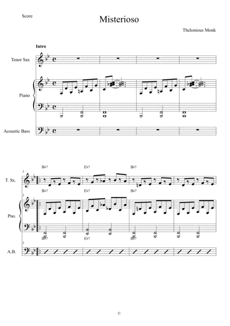 Free Sheet Music Misteriosot Monk Score And Individual Parts Tenor Sax Piano Bass