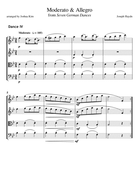 Moderato Allegro From Seven German Dances By J Haydn For String Quartet Sheet Music