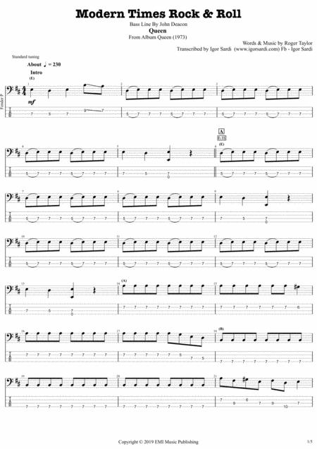 Modern Times Rock N Roll Queen John Deacon Complete And Accurate Bass Transcription Whit Tab Sheet Music