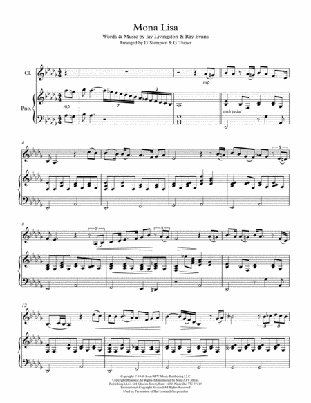 Mona Lisa For Clarinet Solo With Piano Accompaniment Nat King Cole Sheet Music