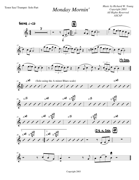 Free Sheet Music Monday Mornin Tenor Sax Trumpet Solo Part