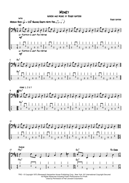 Money Bass Transcription With Tab Sheet Music