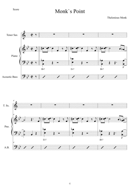 Free Sheet Music Monks Pointt Monk Score And Individual Parts Tenor Sax Piano Bass