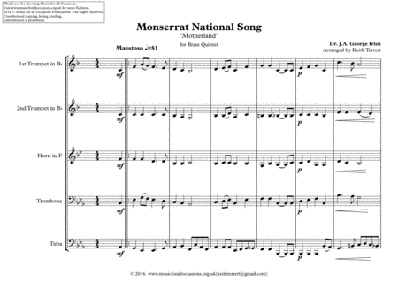 Montserrat National Song For Brass Quintet Sheet Music