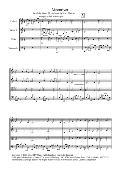 Free Sheet Music Moon River Arranged For String Quartet With Score And Parts Rehearsal Letters And Mp3
