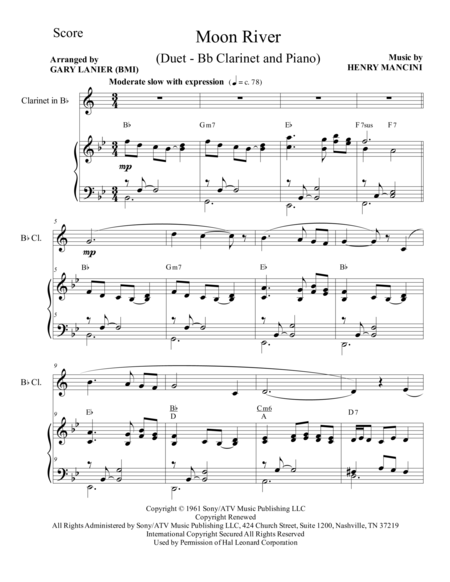 Free Sheet Music Moon River Duet Bb Clarinet And Piano Score And Parts