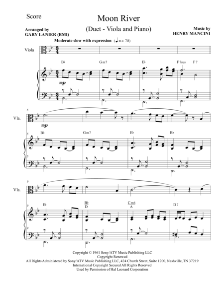 Free Sheet Music Moon River Duet Viola And Piano Score And Parts