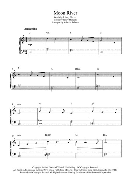 Free Sheet Music Moon River Easy Version