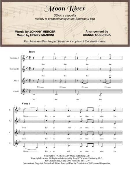 Moon River Ssaa A Cappella Sheet Music