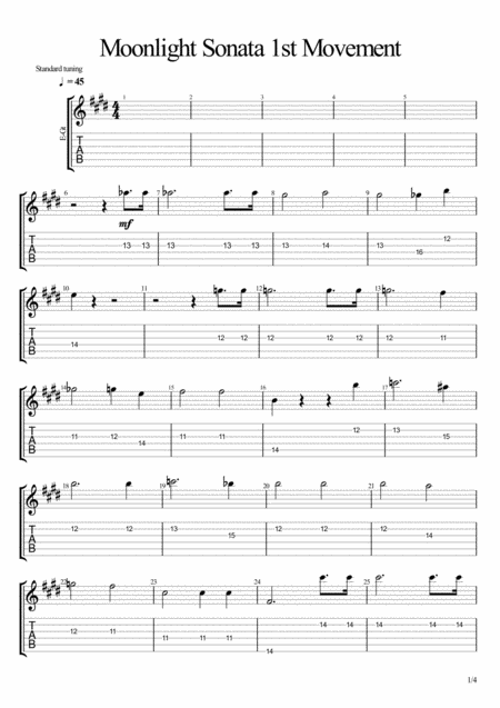 Free Sheet Music Moonlight Sonata In C Minor 1st Movement Lead Guitar