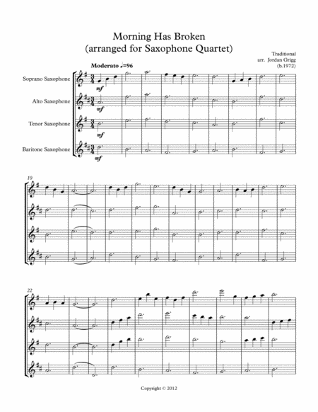 Morning Has Broken Arranged For Saxophone Quartet Sheet Music