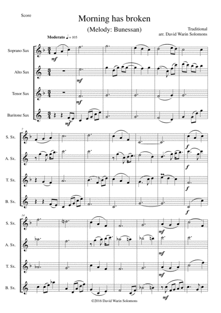 Morning Has Broken Bunessan For Saxophone Quartet Sheet Music