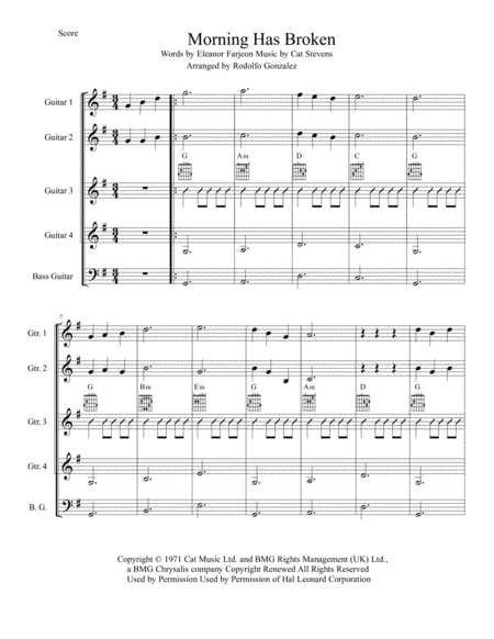 Morning Has Broken For Guitar Quartet Sheet Music