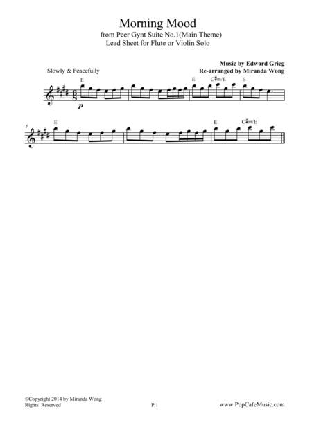 Morning Mood Peer Gynt Suite Easy Flute Solo Sheet Music