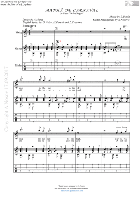 Morning Of Carnival Sheet Music For Vocals And Guitar Sheet Music