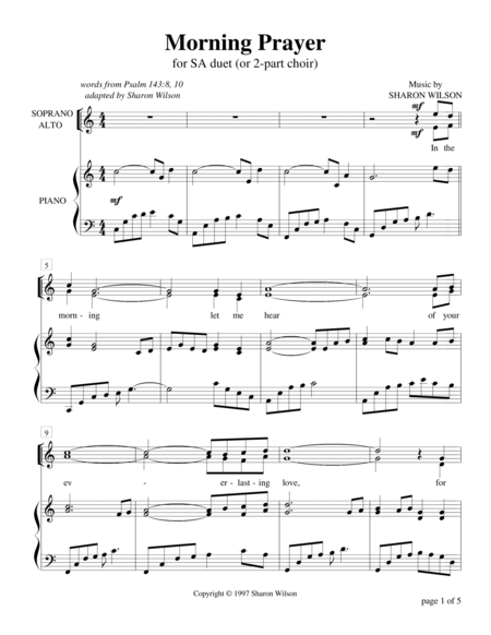 Morning Prayer Psalm 143 For Sa Choir With Piano Accompaniment Sheet Music