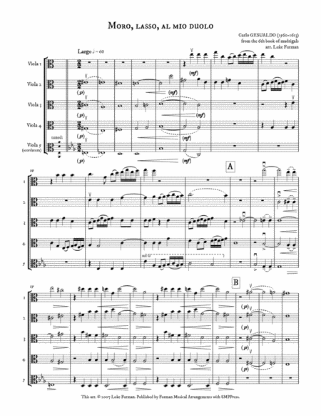 Moro Lasso Al Mio Duolo Madrigal For Viola Quintet Sheet Music