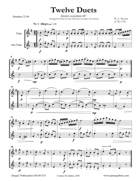 Mozart 12 Duets K 487 For Flute Alto Flute Sheet Music