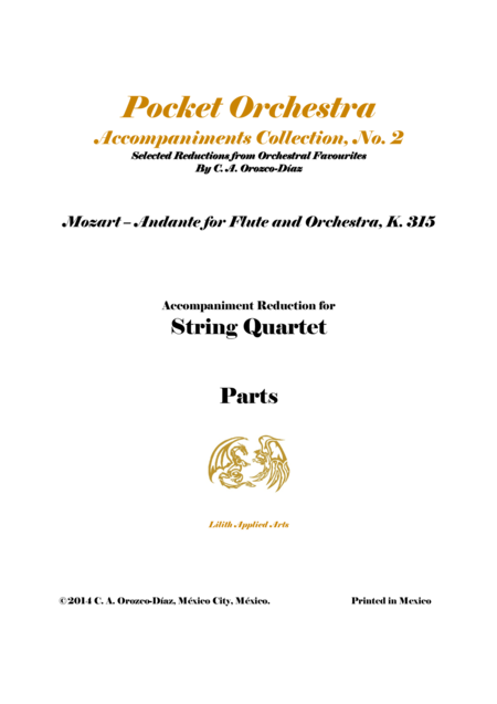 Mozart Andante In C K 315 For Flute And Orchestra Accompaniment Reduction For String Quartet Parts Sheet Music