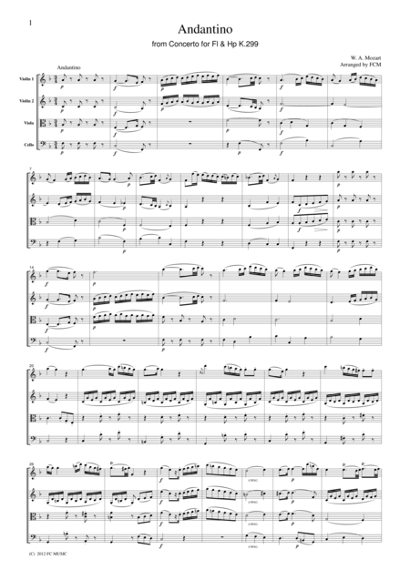 Free Sheet Music Mozart Andantino From Concrto For Fl Hp K 299 For String Quartet Cm027