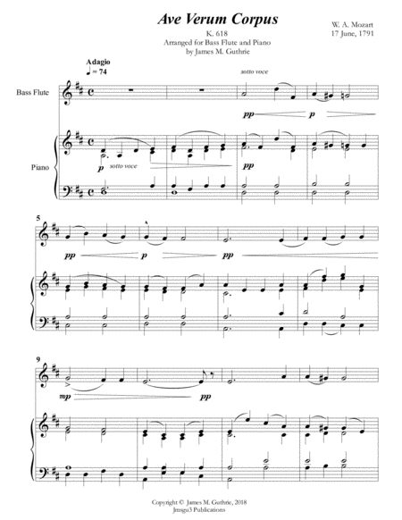 Free Sheet Music Mozart Ave Verum Corpus For Bass Flute Piano