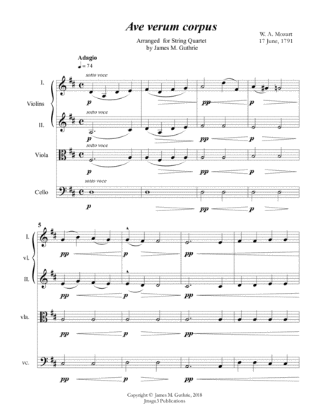 Free Sheet Music Mozart Ave Verum Corpus For String Quartet