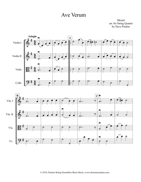 Mozart Ave Verum For String Quartet Sheet Music