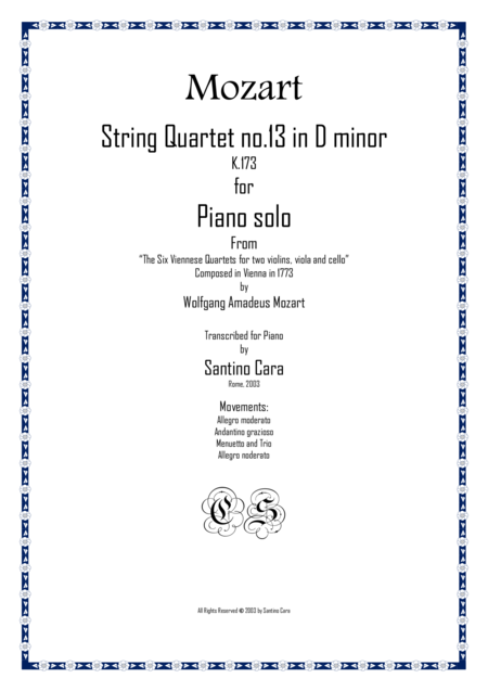 Free Sheet Music Mozart Complete String Quartet No 13 In D Minor K173 For Piano Solo