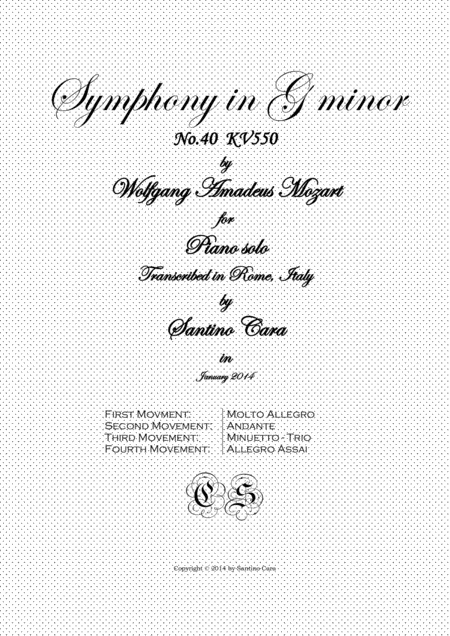 Mozart Complete Symphony In G Minor No 40 K 550 For Piano Solo Sheet Music