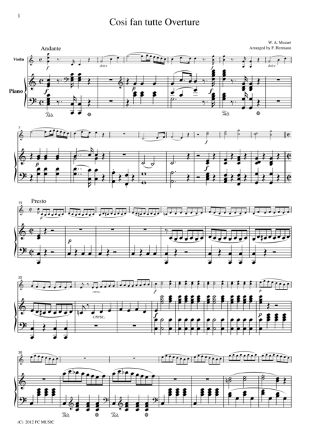 Free Sheet Music Mozart Cosi Fan Tutte Overture For Violin Piano Vm005