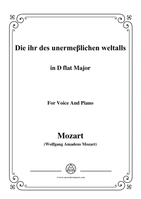 Free Sheet Music Mozart Die Ihr Des Unerme Lichen Weltalls In D Flat Major For Voice And Piano