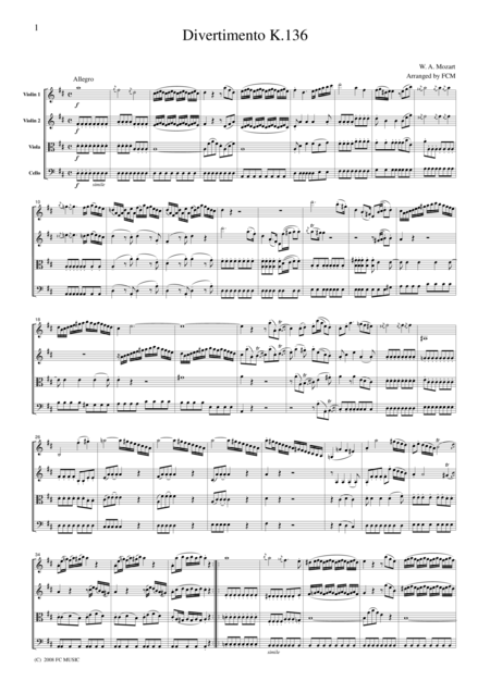 Mozart Divertimento K 136 All Mvts For String Quartet Cm017 Sheet Music