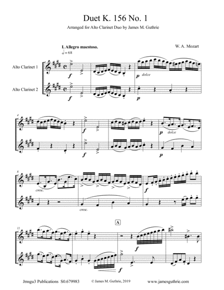 Mozart Duet K 156 No 1 For Alto Clarinet Duo Sheet Music