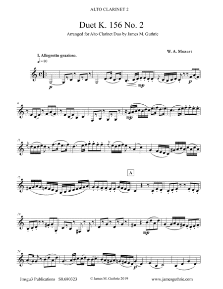 Mozart Duet K 156 No 2 For Alto Clarinet Duo Sheet Music