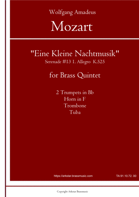 Free Sheet Music Mozart Eine Kleine Nachtmusik 1 Allegro For Brass Quintet
