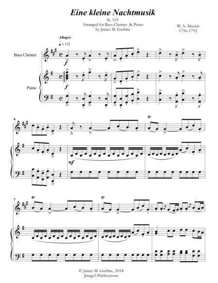 Free Sheet Music Mozart Eine Kleine Nachtmusik For Bass Clarinet Piano