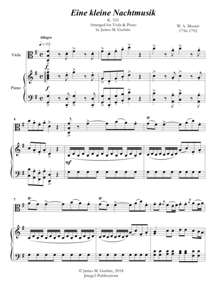 Free Sheet Music Mozart Eine Kleine Nachtmusik For Viola Piano