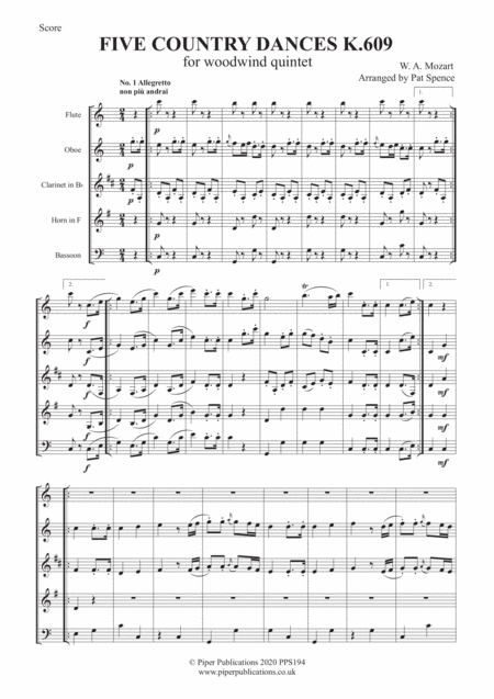 Mozart Five Country Dances K 609 For Woodwind Quintet Sheet Music